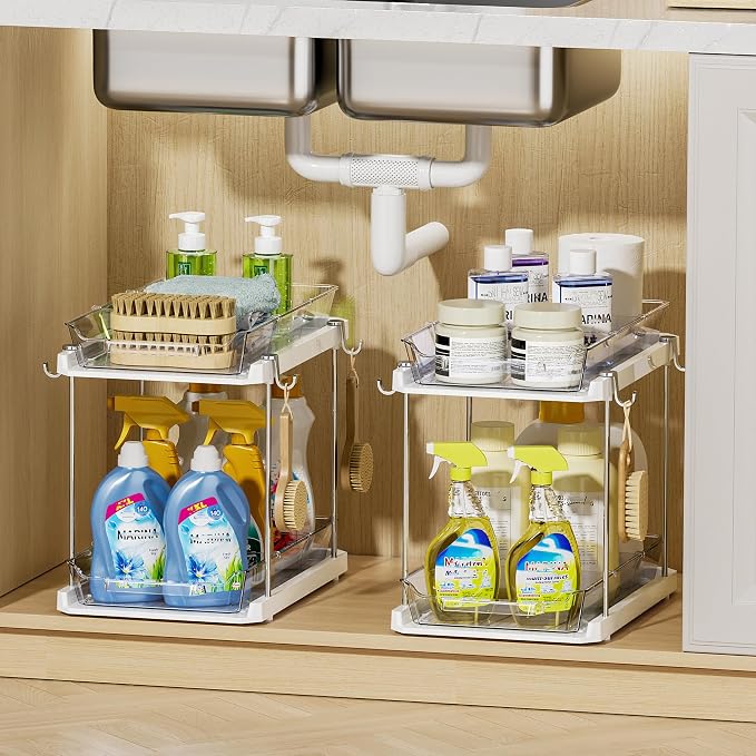 Delamu 2 Tier Under Sink Organizer Bathroom, Bathroom Cabinet Organizer with Snap-Lock Design and Hooks, Pull Out Storage with Movable Dividers, for Countertop, Kitchen and Pantry (White, 4 Pack) - Image 9