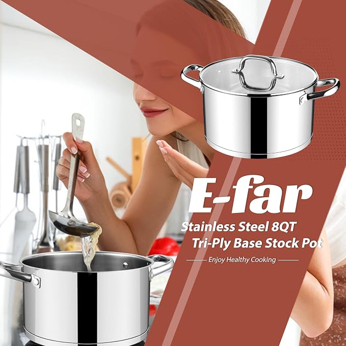 E-far Stainless Steel Stock Pot, 8 Quart Pot with Glass Lid for Soup Pasta - Image 7