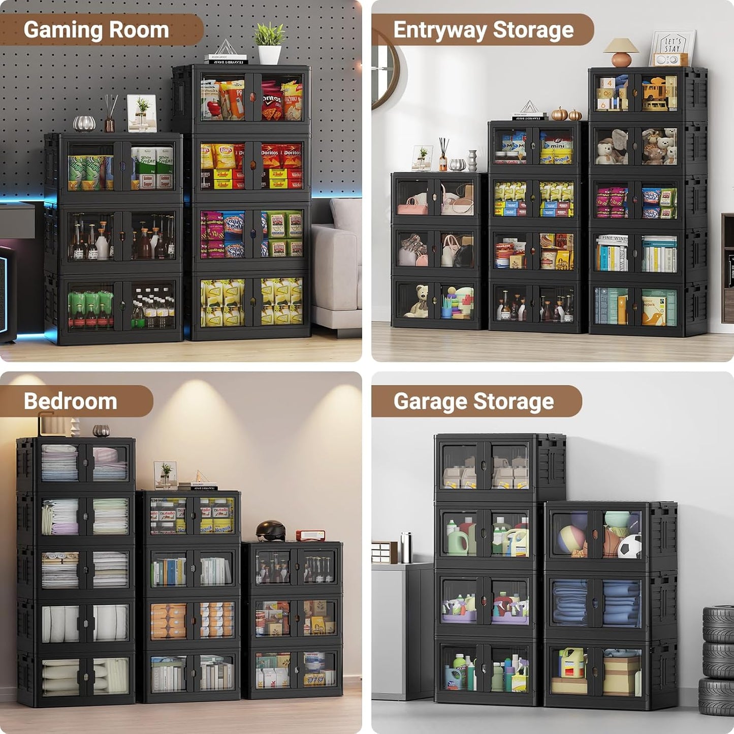 460Qt Stackable Storage Bins with Individual Lids & Wheels, Large Plastic Collapsible Latching Boxes Closet Organizers and Storage Cabinet Shelves Units for Home Kitchen Dorm, 4-Pack Black