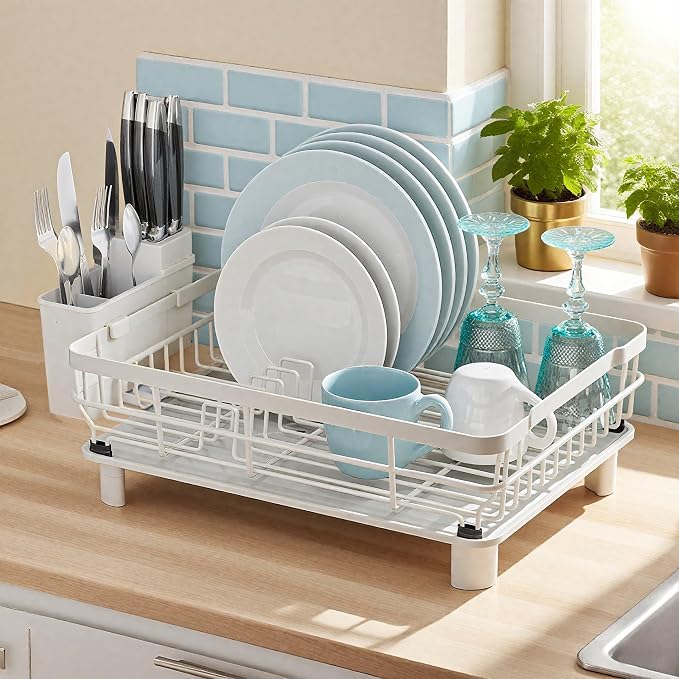 MOUKABAL Dish Drying Rack with Drainboard for Kitchen Counter, White - Image 7