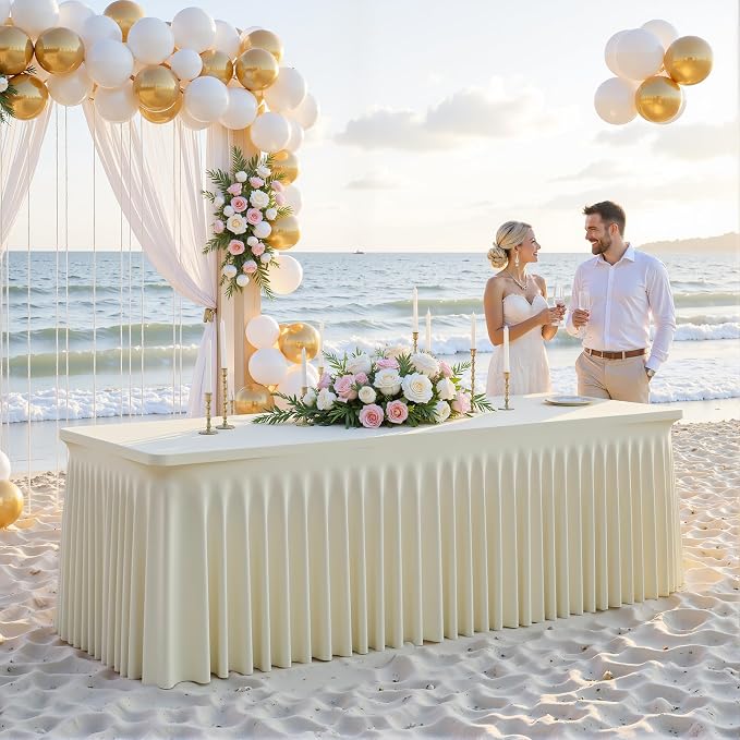 2 Pack Spandex Beige Fitted Table Cloth for 8ft Rectangle Tables Beige Stretch Tablecloth Table Covers Skirt Banquet Wrinkle Free Tablecloths for Parties Wedding - Image 9
