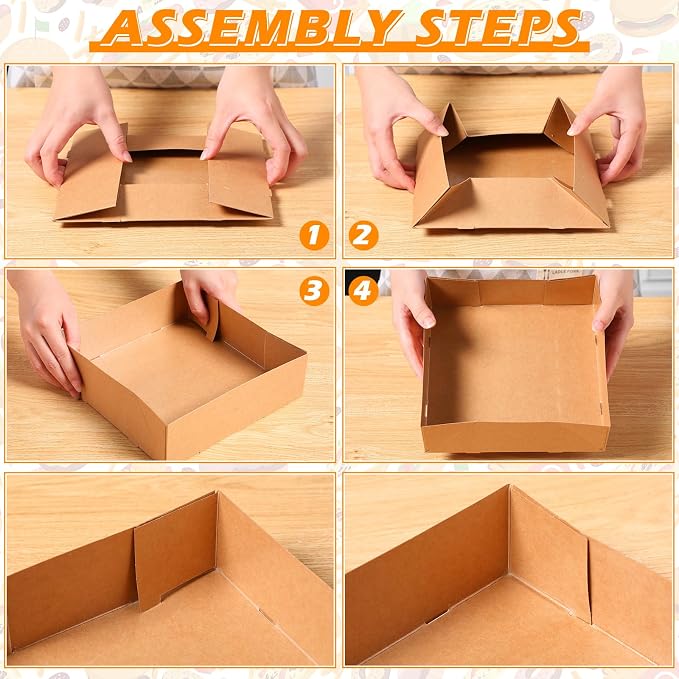 Chinco Brown 100 Pcs 7.9 x 7.9 x 2.4 Inch 4 Corner Pop Food Tray Kraft Paperboard Disposable Foldable Cardboard Food and Drink Stadium Containers Movie Night Snack Trays Fries Holder Carrier - Image 7