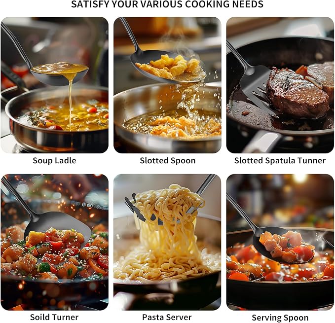 304 Stainless Steel Cooking Utensil,Kitchen Kitchen Utensil with Spatula, Solid Spoon, Ladle, Skimmer, Spaghetti Spoon, 6 Piece Set, Dishwasher Safe(Black) - Image 6