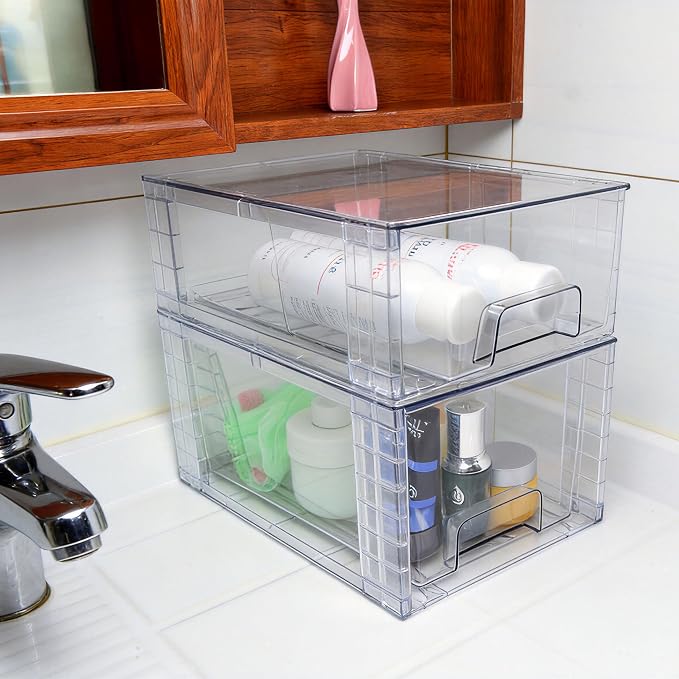 Medium Clear Stackable Storage Drawers (4 Pack), High-strength Acrylic Organizer Bins with Handles, Plastic Drawers for Fridge Bathroom Cabinet Closet Undersink Pantry Kitchen Makeup Storage - Image 9