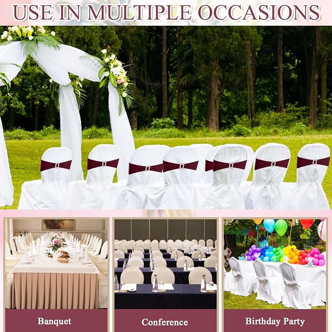 VitalCozy 100 Pcs Spandex Chair Sashes Wedding, Square Buckle, Burgundy - Image 6