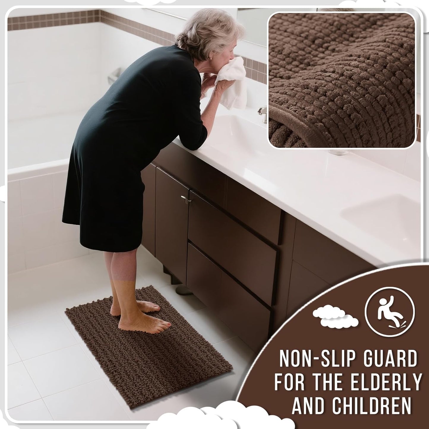 Yimobra Bathroom Runner Rug 55x24 Inch - Extra Long Non Slip Chenille Bath Mat, Soft & Absorbent, Machine Washable Shaggy Hallway Carpet for Vanity Tub Shower, Brown Home Decor Accessories