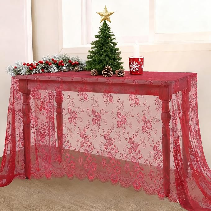 LuoluoHouse Red Lace Tablecloth 6pcs Rose Floral Table Fabric 60x120 Inch - Image 8