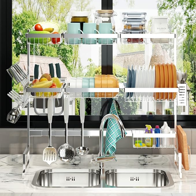 PUSDON Over Sink Dish Drying Rack Stainless Steel, Adjustable Large Dish Drainer for Storage Kitchen Organization Silver 3 Tier - Standard(34"-46") - Image 8