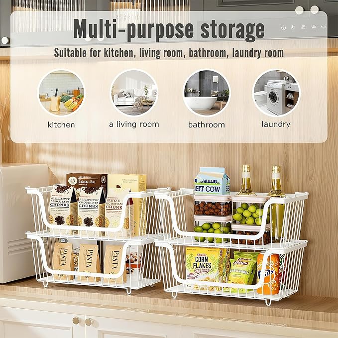 GAOKASE 4 Pcs Stackable Wire Baskets for Pantry Organizers and Storage, | Vegetable Fruit Basket for Countertop,Kitchen Storage Metal Baskets,Produce Potato Onion Storage Bin,White - Image 8