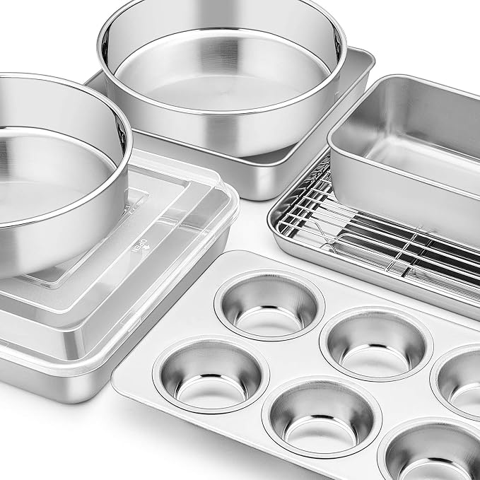 E-far Stainless Steel Baking Pan Set, 9-Piece Bakeware Sets for Cake Cookie Loaf Muffin, Include Round, Square, Rectangle Baking Sheet Pan with Lid & Cooling Rack, Dishwasher Safe - Image 8