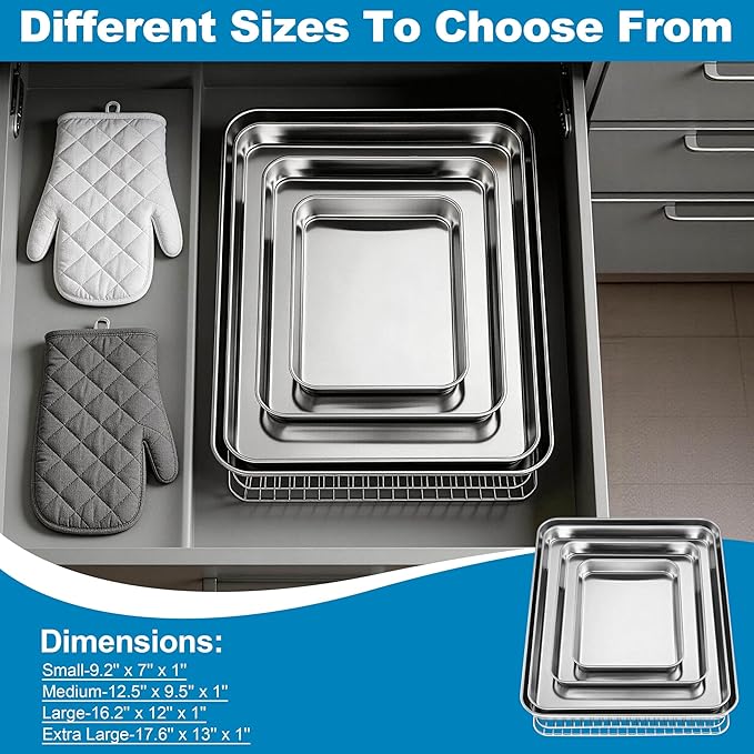 Herogo Stainless Steel Quarter Sheet Pan with Wire Rack Set(2 Pans + 2 Racks), 9 x 13 x 1 Inches Metal Baking Tray Set for Cooking & Roasting, Nontoxic & Easy Clean - Image 7