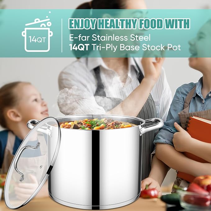 E-far 14 Quart Stainless Steel Pot, Induction Stockpot with Glass Lid - Image 7