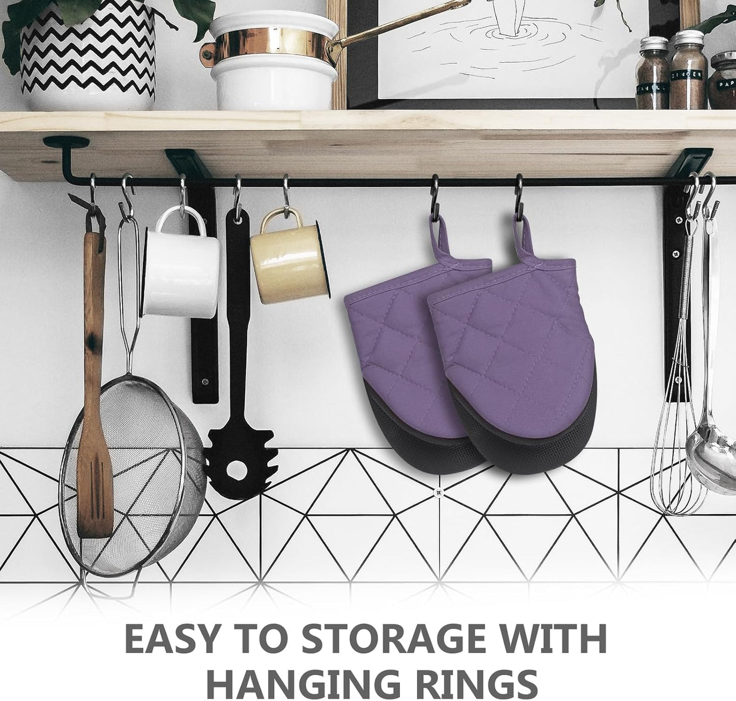 1 Pair Short Oven Mitts - Silicone Kitchen Oven Gloves High Heat Resistant 500℉, Mini Oven Mits with Non-Slip Grip Surfaces and Hanging Loop for BBQ, Baking, Cooking and Grilling (Purple)