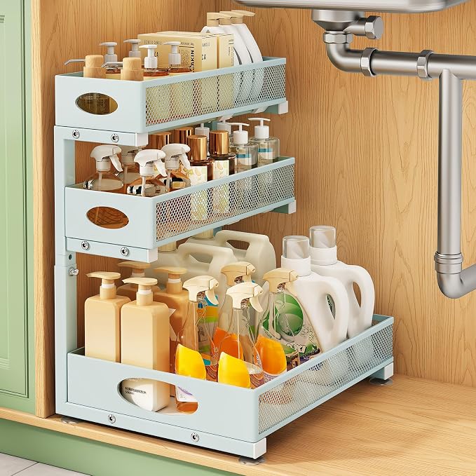 Kitstorack Under Sink Organizer 3-Tier Slide Out Drawer 1-Pack LightBlue by Kitstorack