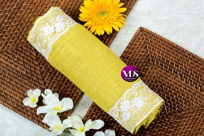 VDS Pack of 10, Burlap Table Runner with White Lace Edge, 100% Natural Jute Rustic Hessian Table Cloth Centerpiece for Wedding Birthday Party Banquet Table Decoration (Size 12X108 Inch)(Yellow) - Image 6