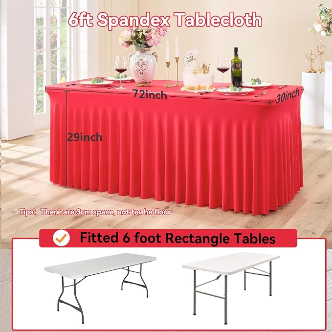 2 pk Red Spandex Tablecloth 6ft with Ruffle Skirt,Wrinkle Free High Stretchy Fitted Tablecloths for 6 Foot Rectangle Tables,Pleated Spandex Table Covers 6ft for Christmas Parties Banquet Weddings - Image 4