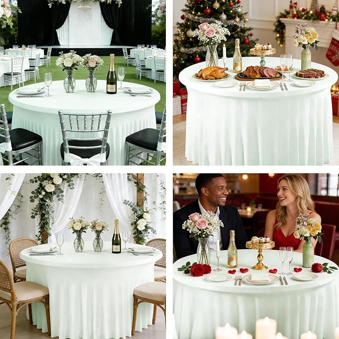 10 Pack Ivory Green Spandex Round Tablecloths for 60inch Tables, 120 Inch Stretchy 5ft Round Fitted Tablecloth Wrinkle Free Washable Table Cloths Covers with Skirt for Wedding Party Birthday Banquet - Image 7