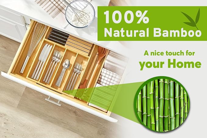 Nature Gear Bamboo Kitchen Drawer Organizer, Expandable Wood Utensil Tray, Adjustable Silverware Organizer with 9 Compartments for Fork, Spoon & Knife Utensils - Image 9