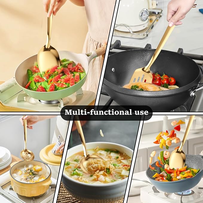 6 Piece Stainless Steel Cooking Utensils Set Durable Rustproof Kitchen Utensils Set with Slotted Spatula Solid Spatula Ladle Serving Spoon Strainer Soup Spoon Cooking Cutlery Kitchen Accessories (Gold - Image 7