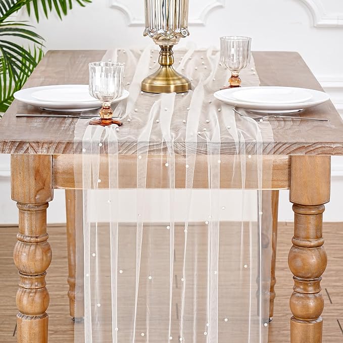 Pearl Beige Gauze Table Runner 120 Inch 10FT Seasonal Sheer Dining - Image 8