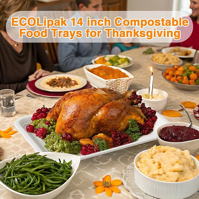 ECOLipak 100 Pack 14 in Compostable White Disposable Food Crawfish Trays | Large Paper Thanksgiving Plates for Turkey, BBQ, Seafood Boil Party Supplies, Heavy Duty, Biodegradable, Sugarcane Bagasse - Image 8