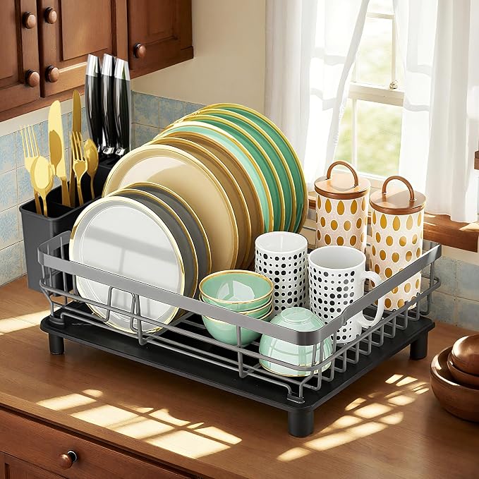 MOUKABAL Dish Drying Rack with Drainboard for Kitchen Counter, Grey - Image 8