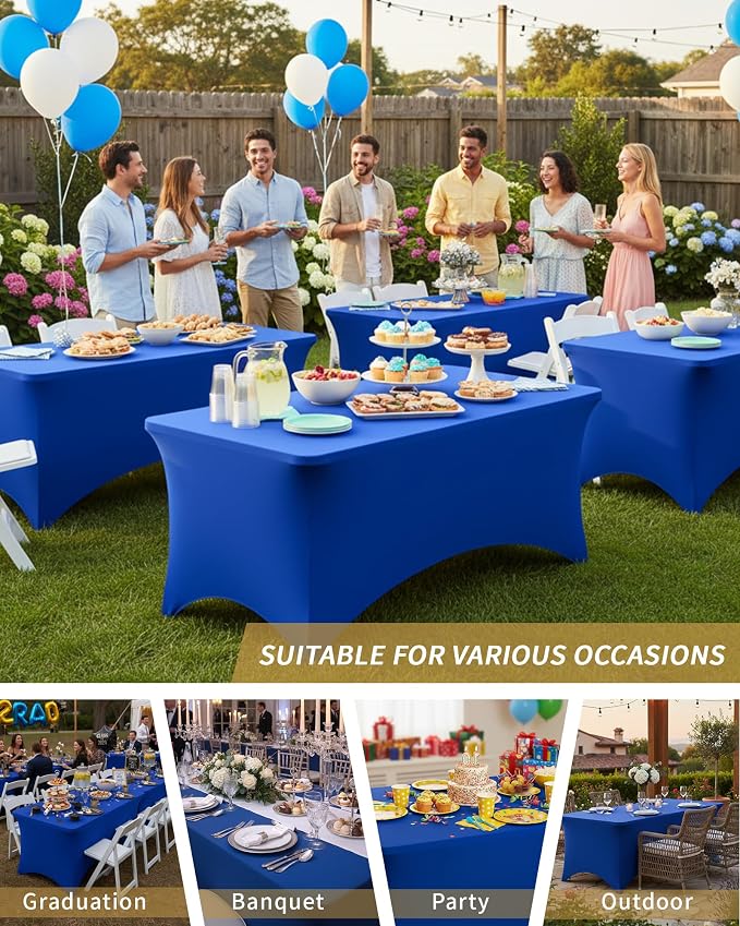 Fixwal 6 Pack 6FT Royal Blue Tablecloth Rectangle Spandex Table Cover - Image 7