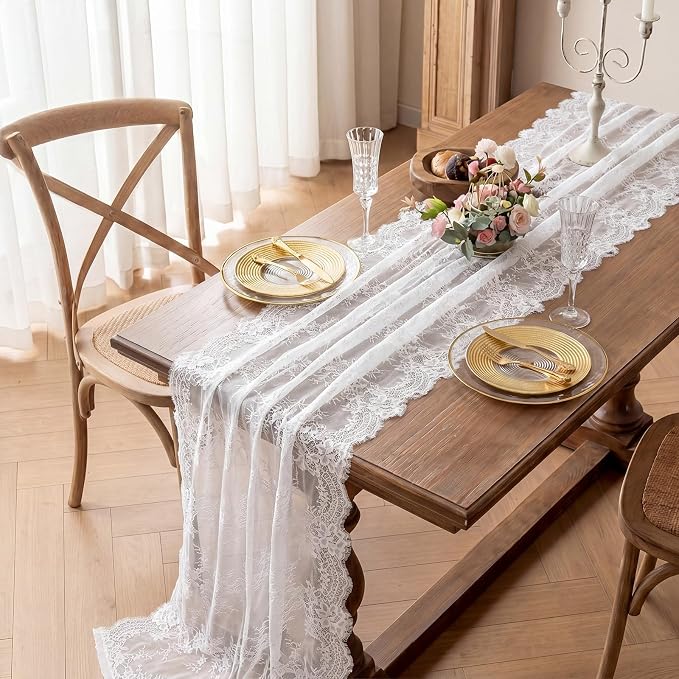 Remagr 12 Pcs White Lace Table Runner 30 x 120 Inch Vintage Rustic Boho Table Runners Embroidered Floral Lace Decor for Wedding Party Bridal Shower Baby Shower - Image 6