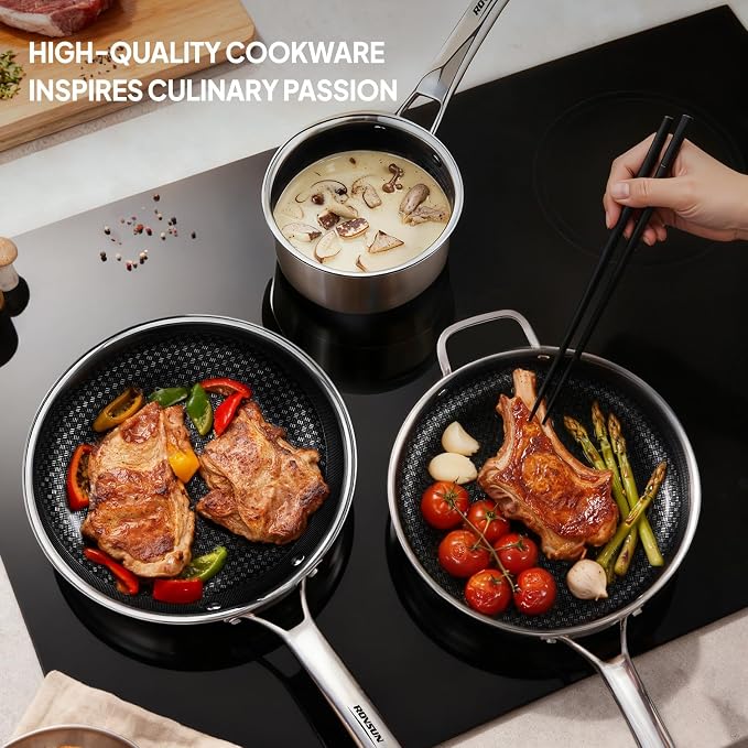 VINGLI 11 Pcs Non-Stick Cookware Set, Stainless Steel Pots and Pans Set with Lids, Non-Toxic Saute Sauce Pot, Soup Pot, Frying Pan, PFOA & PTFE Free, Compatible for All Cooktops (11 Nonstick Set) - Image 8