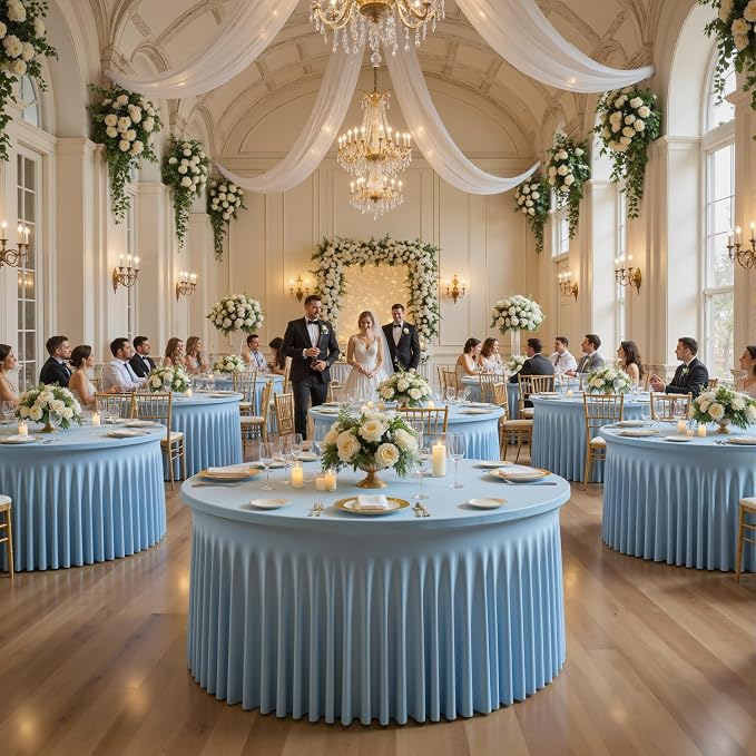 6 Pack Spandex Dusty Blue Round Tablecloths for 60in Tables, Stretchy 120inch Fitted 5FT Round Table Cloths, Wrinkle Free Table Cover with Skirt for Wedding Birthday Party Bridal Shower Banquet - Image 7