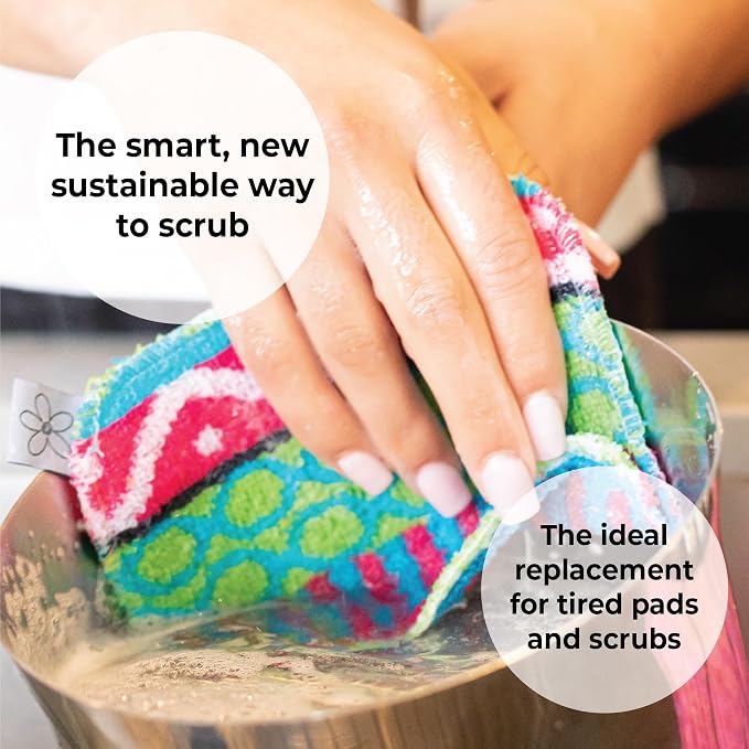 Skoy Scrub, 4-Pack Reusable, Non-Scratching Dish Scrubber for Kitchen and Household Cleaning, Planet-Friendly, Dishwasher Safe Soft Scrub, Assorted Colors and Designs - Image 7