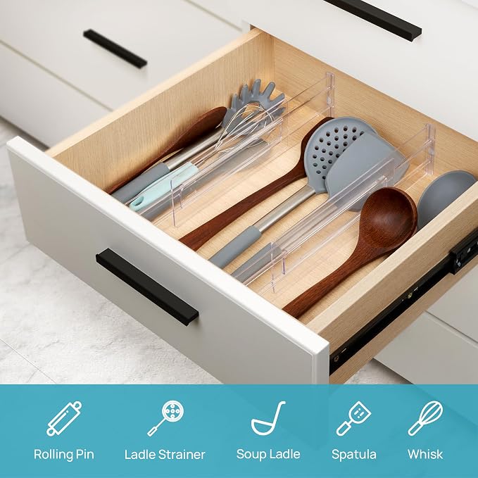 Vtopmart Drawer Dividers Organizers 4 Pack, Adjustable 3.2" High Expandable from 12.2-21.4" Kitchen Drawer Organizer, Clear Plastic Drawers Separators for Clothing, Installed by Double-sided Tape - Image 7