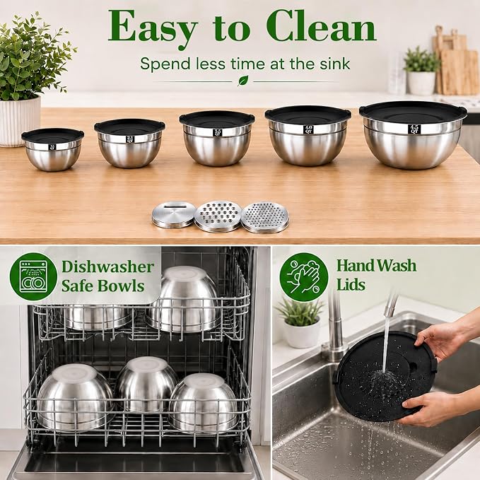 8PCS Mixing Bowls with Lids Set - 5 Nesting Mixing Bowls, 3 Grater Attachments, Lids, Stainless Steel Mixing Bowls for Mixing & Serving, Size 1.5/2.1/3.5/4/4.5 QT, Black - Image 7
