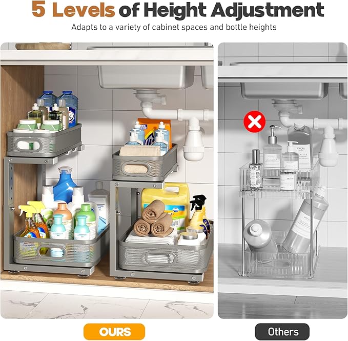 2 Pack 17.3IN-Depth Under Sink Organizer with Smooth Cylindrical Rail,2-Tier Pull Out Multi-Purpose Cabinet Storage for Bathroom&Kitchen,Height Adjustable,Rust-Resistant Coating-Gun Gray - Image 8