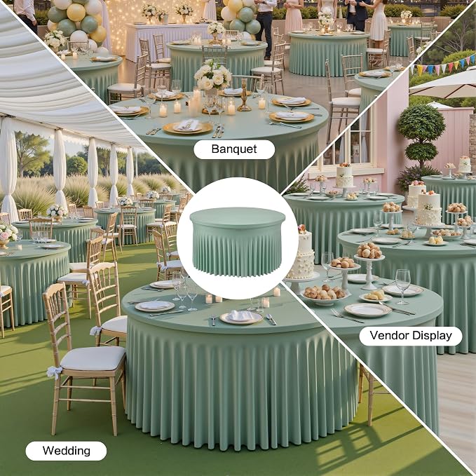 6 Pack Spandex Sage Green Round Tablecloths for 60in Tables-Stretchy 120inch Fitted 5FT Round Table Cloths-Wrinkle Free Table Cover with Skirt for Wedding Birthday Party Bridal Shower Banquet - Image 7