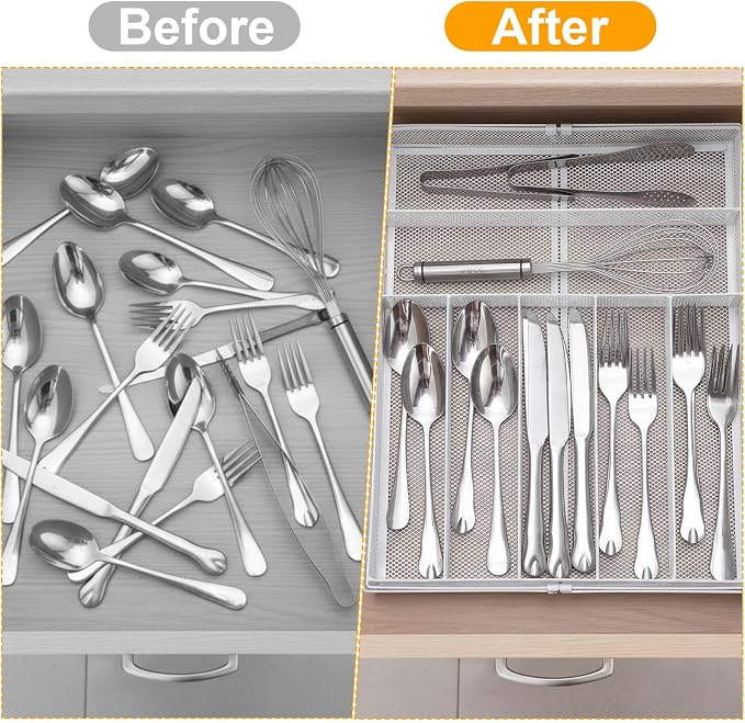 2 Pcs Utensil Drawer Silverware Organizer, Metal Mesh Expandable 13" 24" Kitchen Drawer Organizer, 7-9 Slots Cutlery Tray Dividers for Kitchen Flatware Christmas Housewarming Gift (White) - Image 6
