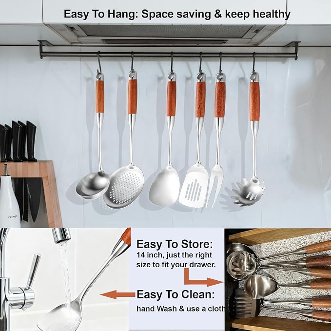 Stainless Steel Kitchen Cooking Utensils Set Wooden Handle 12 PCS | Metal Cooking Utensils Set-Spatulas,Ladle,Skimmer,Tunners,Spaghetti Spoon,Fork,Potato Masher,Egg Whisk,Tongs - Image 8
