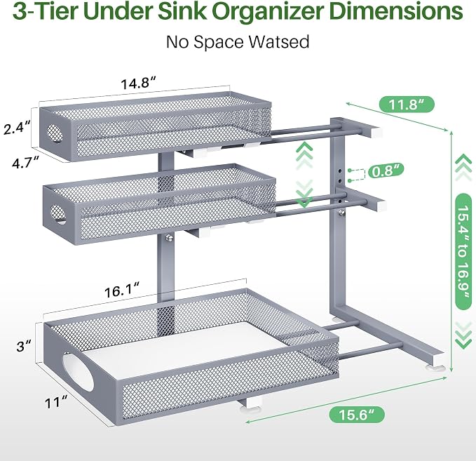 Kitstorack Under Sink Organizer 3-Tier Slide Out Drawer 1-Pack Grey - Image 9
