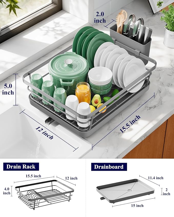 Kitsure Dish Drying Rack for Kitchen Counter, 12''W x 15.5''L, Grey - Image 2