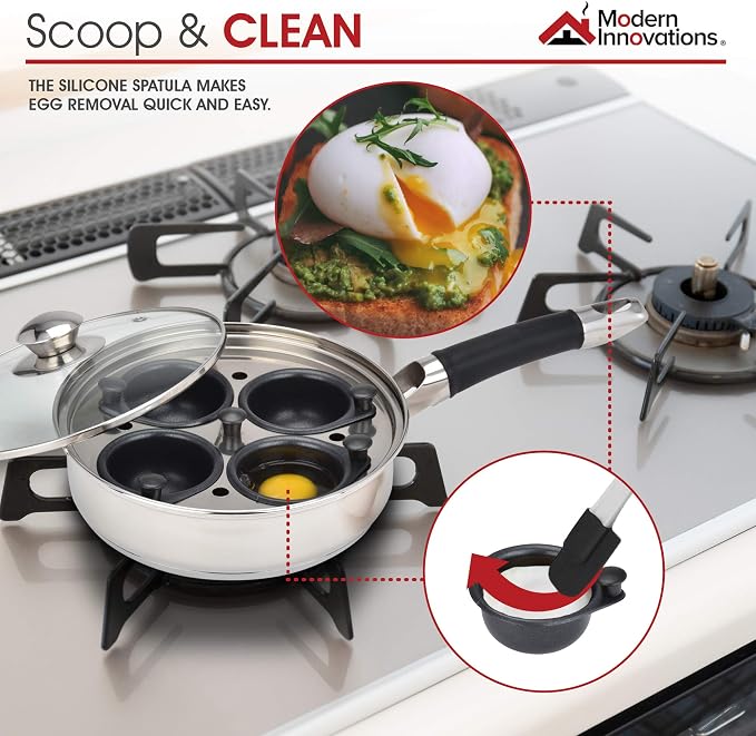 Modern Innovations Egg Poacher Pan for Perfect Poached Eggs, Nonstick Cups Poached Egg Maker Pan, Stainless Steel Easy Egg Cooker, Poaching Eggs Benedict Maker, Silicone Spatula - Image 7