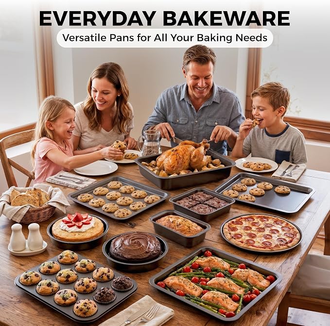 PERLLI Non-Stick 10-Piece Bakeware Set – Carbon Steel with Even Heat Distribution, Oven Safe to 446°F, BPA-Free, Dishwasher Safe, Stackable Baking Tools for Easy Storage and Everyday Cooking - Gray - Image 7