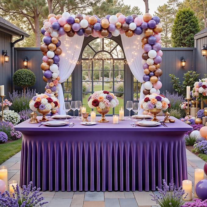 NSSONBEN 2 pk Purple Spandex Tablecloth for 8 Foot Rectangle Tables,Wrinkle Free Fitted Spandex Table Covers 8ft Stretch Table Cloths with Ruffle Skirt for Parties Weddings Banquet Baby Shower - Image 9