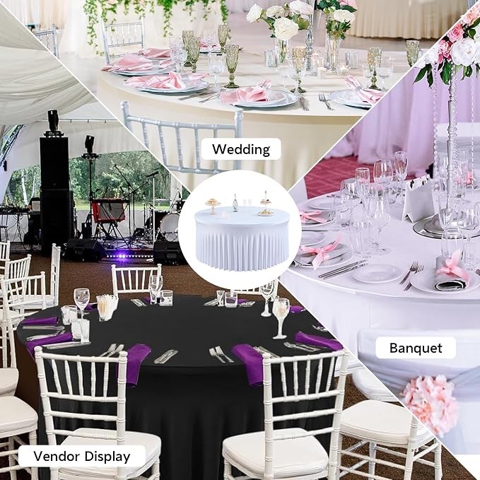 leegleri 10 Pack Spandex White Round Tablecloths for 72in Tables, Stretchy 132inch Fitted 6FT Cloths, Wrinkle Free Cover with Skirt for Wedding Birthday Party Bridal Shower Banquet - Image 8
