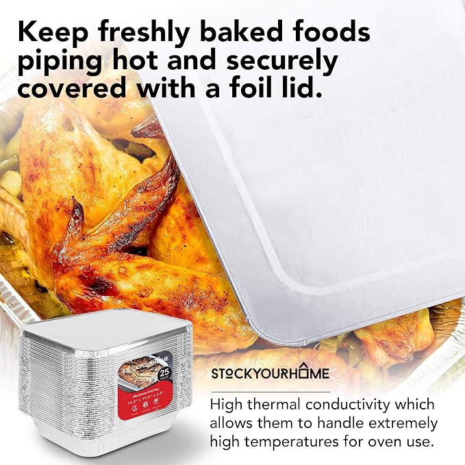 Stock Your Home Disposable Aluminum Pans with Lids 9x13 (25 Pans and 25 Lids), Food Containers for Baking, Cooking, Heating, Storing and Prepping - Image 7