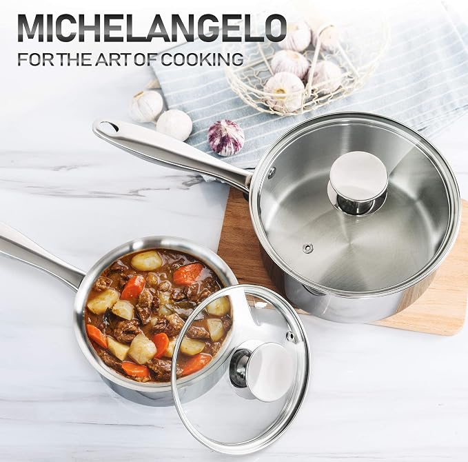 MICHELANGELO Stainless Steel Saucepan Set 1Qt & 2Qt, 18/10 Stainless Steel Pot Set, Induction Saucepan with Glass Lid, Dishwasher & Oven Safe (No Coating & Non-toxic) - Image 7