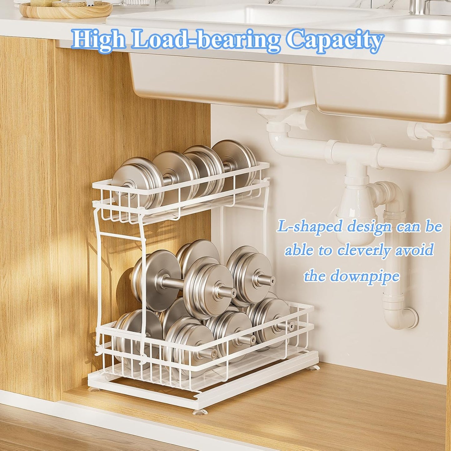 1 Pack Under Sink Organizers and Storage, 2 Tier Pull Out Cabinet Organizer, Metal Sliding Drawer Storage for Kitchen Bathroom,White