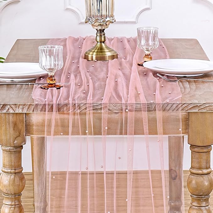 Dusty Pink Pearl Table Runner Tulle 10ft Pearl Tulle Fabric Centerpieces - Image 8