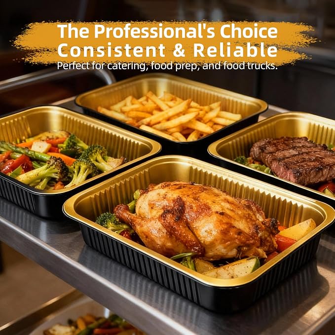 Aluminum Foil Pans, Heavy Duty Disposable Aluminum Baking Pans | 14.57"×10.63" Steam Table Pans for Cooking, Heating, Storing, Prepping Roasting and Chafing (15 Pack Black and Gold) - Image 8