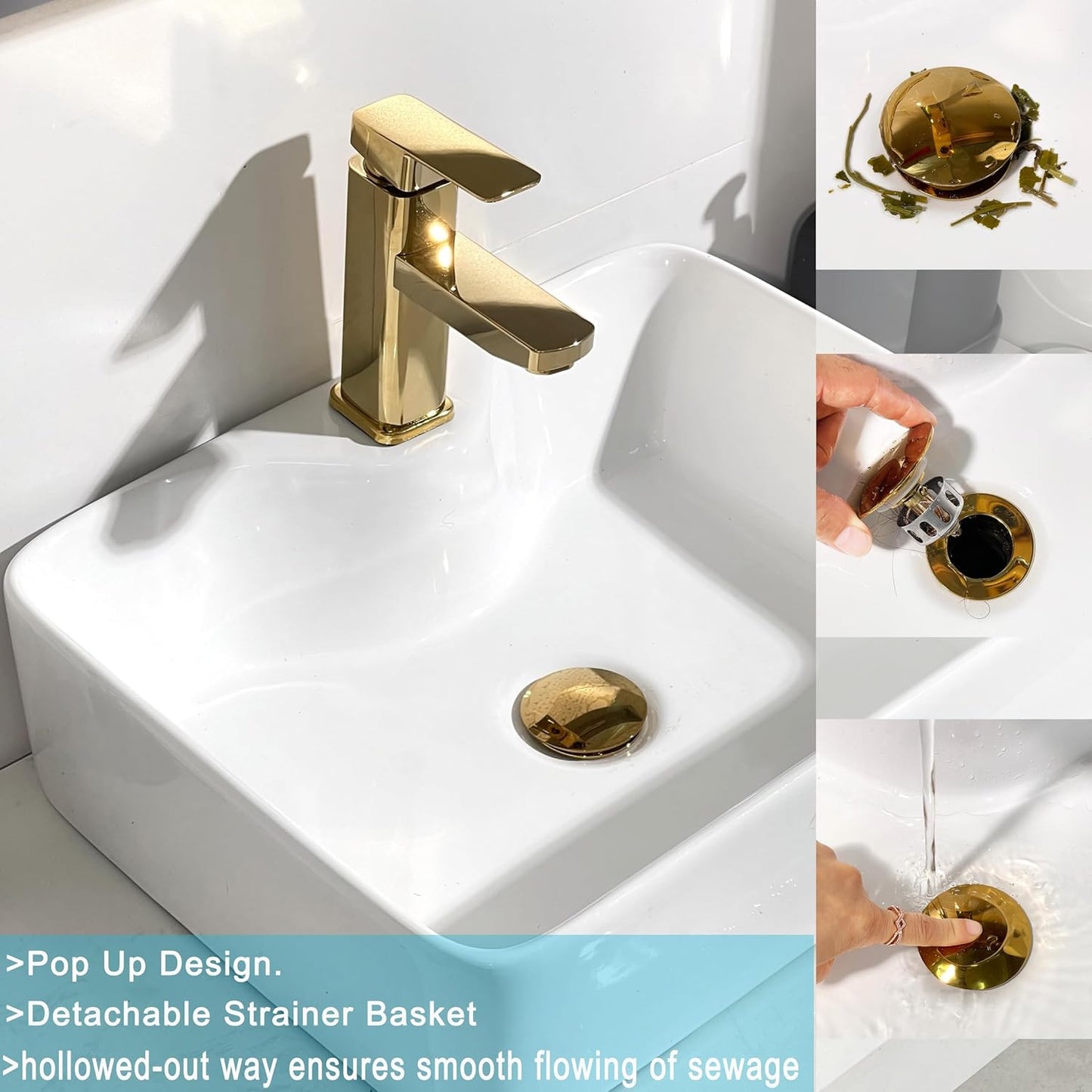 Bathroom Sink Drain, Gold Drain Stopper Bathroom Sink Without Overflow,Pop Up Drain Assembly Without Detachable Strainer Basket,Built-in Anti-Clogging Strainer,Stainless Steel Gold