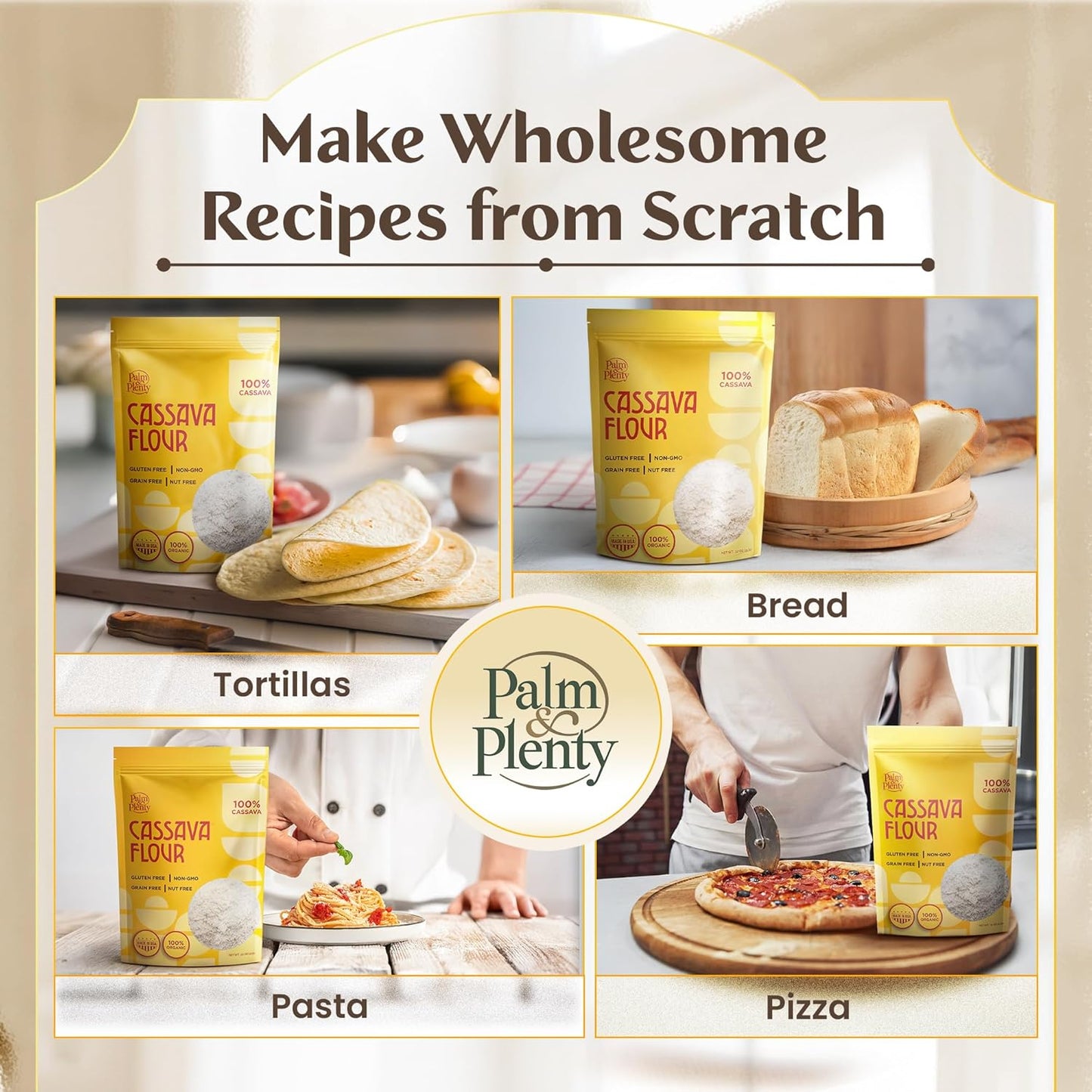 Palm & Plenty Natural Cassava Flour - Gluten Free, Grain Free, and Nut Free All Purpose Flour Alternative - Great for Tortillas, Pancakes, Pasta, and Baking - Non GMO Yuca Root-Based Flour - 2 lb Bag